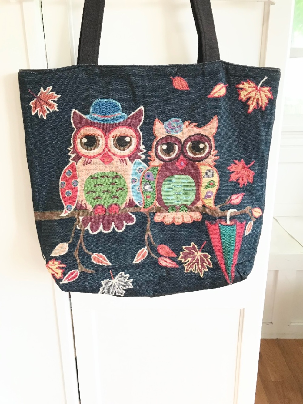 Fall Owl Tote Bag Embroidered Design Whimsical Owl Tote Bag